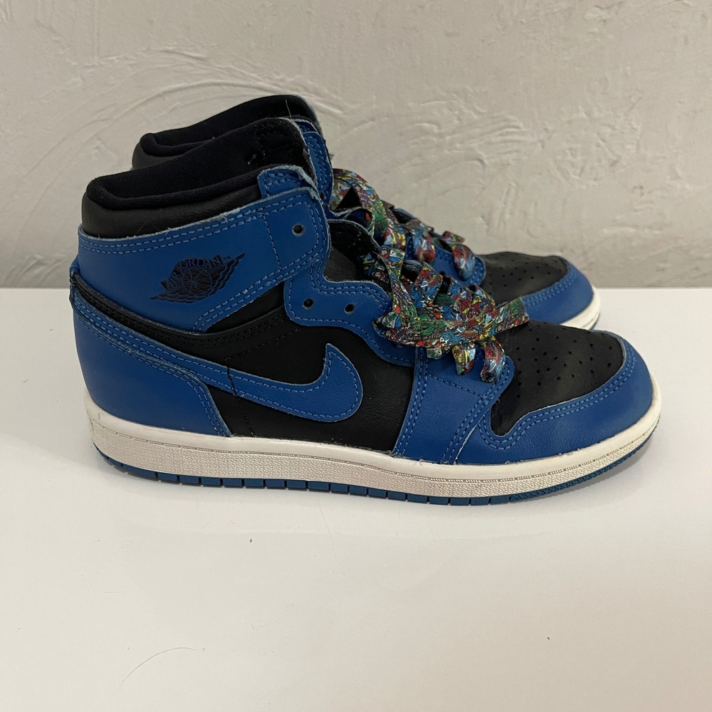 Jordan 1 Mid Dark Marina Blue Black Kids Shoes Size 2Y AQ2664-404 Marvel Laces